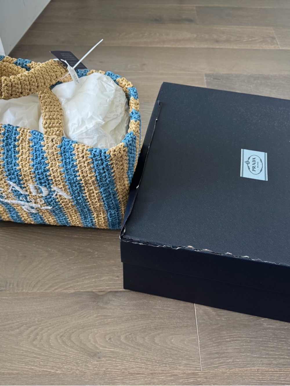 Prada Straw/Raffia Tote with Natural Beige and Light Blue Stripes - Picture 3 of 7